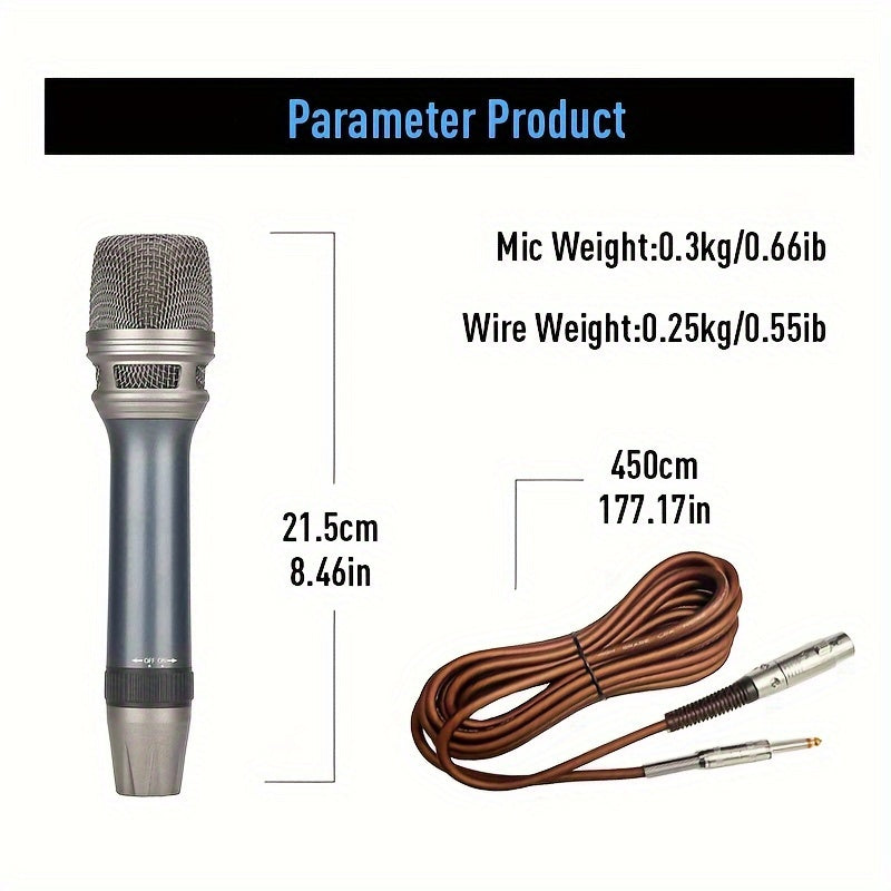 Micrófono vocal dinámico profesional LMBGM - Micrófono de mano unidireccional cardioid con bobina móvil, con interruptor ON/OFF, cable XLR de 177" a jack de 1/4", construcción de aleación de aluminio y protección contra el viento para cantar, karaoke, co