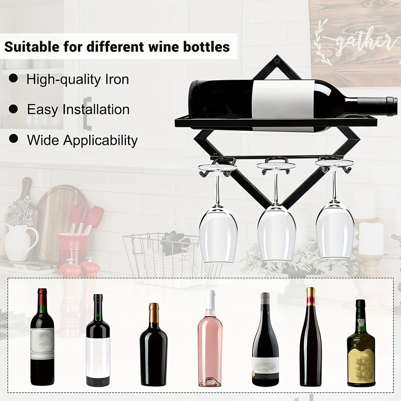 Elegante Estante de Vino de Metal Montado en la Pared con Soporte para Copas - Almacenamiento de Licores de Hierro que Ahorra Espacio para Decoración del Hogar