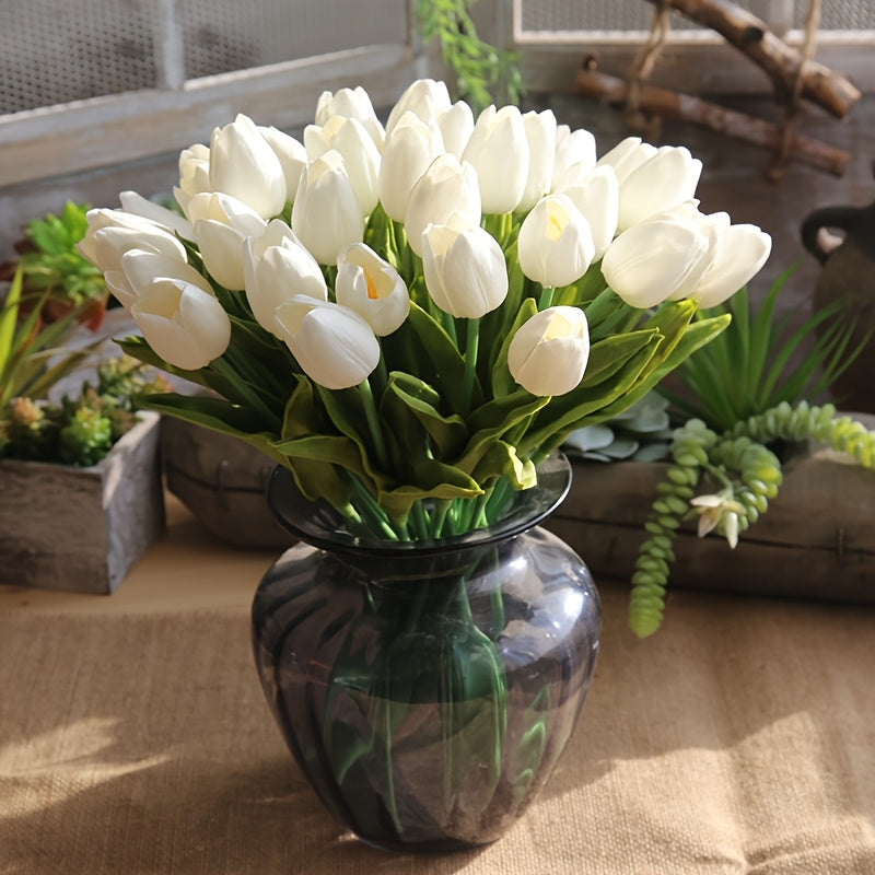 20 piezas de Tulipanes Artificiales Blancos Elegantes, con Hojas Verdes Luxuriantes, para Bodas, Compromisos, Decoración del Hogar