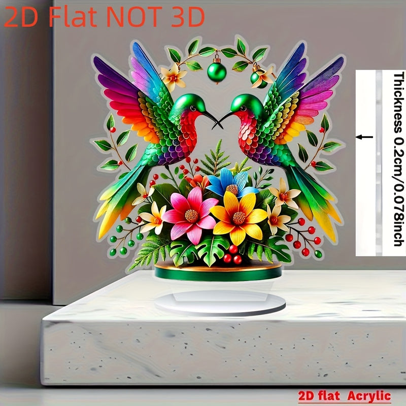 Decoración de Mesa Acrílica Plana en 2D, 1 pieza con Colibrí y Flores Vibrantes - Arte Impreso Manual en 2D, Centro de Escritorio para Oficina o Hogar sin Electricidad, Regalo Único de Navidad para Amantes de la Naturaleza, Decoración de Pájaros, 2D Plano