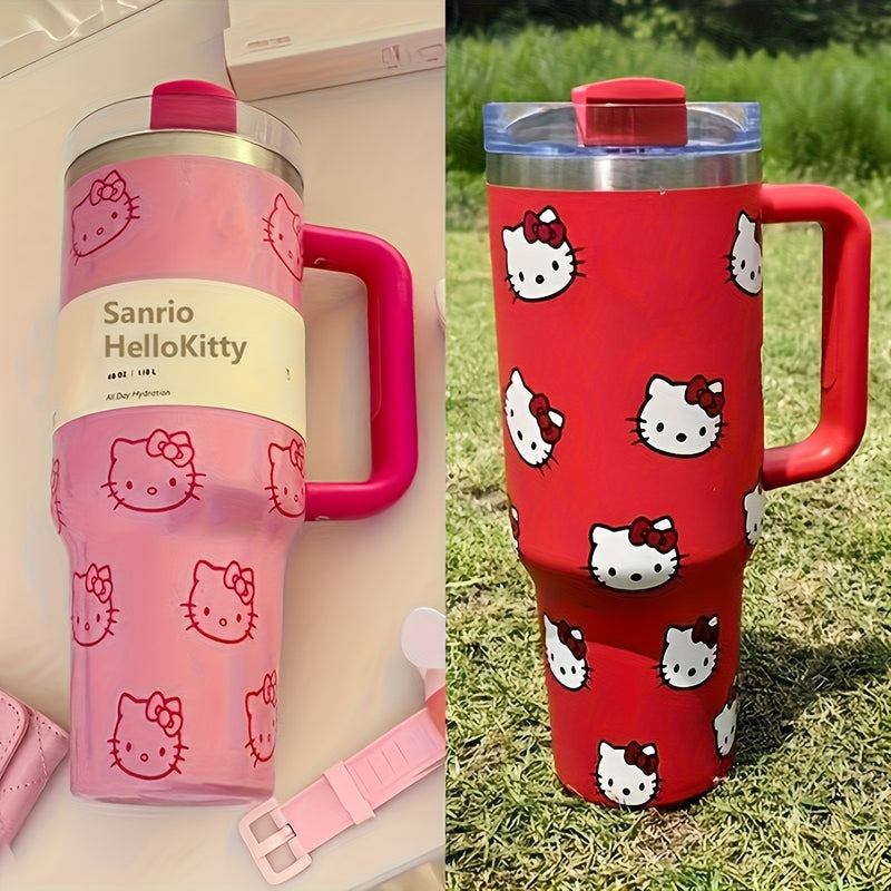 Sanrio 1pc, Térmico de Acero Inoxidable KT Cat Gran Capacidad - 40oz con Tapa y Pajita, Ideal para Bebidas de Verano e Invierno, Regalo Perfecto o Accesorio de Viaje