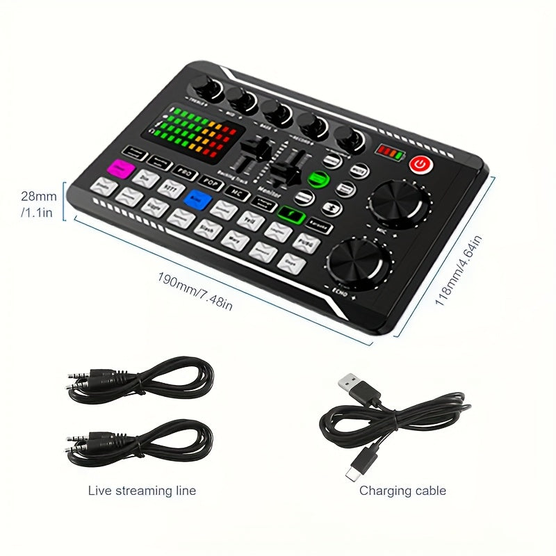 Tarjeta de sonido en vivo con interfaz de audio USB, efectos de mezclador DJ y cambiador de voz - Batería de litio recargable, equipo de estudio portátil para streaming, podcasting y gaming (Negro), Equipo para podcasting | Mezclador de audio moderno | T