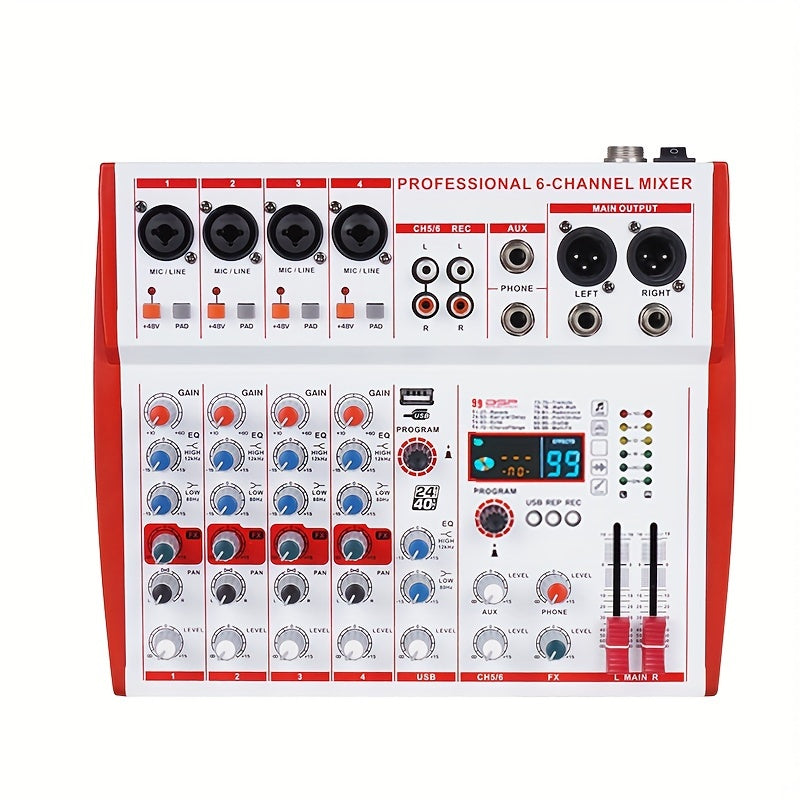 Mezclador de Audio Compacto Profesional NXG - Consola de Mezcla Pequeña Multifuncional con Reverb Digital, Ideal para Karaoke y Transmisión en Vivo, Disponible en Blanco/Rojo, Aleación, Fuente de Alimentación de 110V-130V, Enchufe de EE.UU., Mezclador de