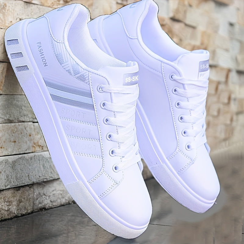 Zapatillas de skate de hombre KOONEXY - Blanco y azul marino, con cordones y detalles rojos, parte superior de falso tejido transpirable, suela de PVC duradera, diseño de punta redonda para uso casual y formal, zapatos de skate, calzado casual, elegantes
