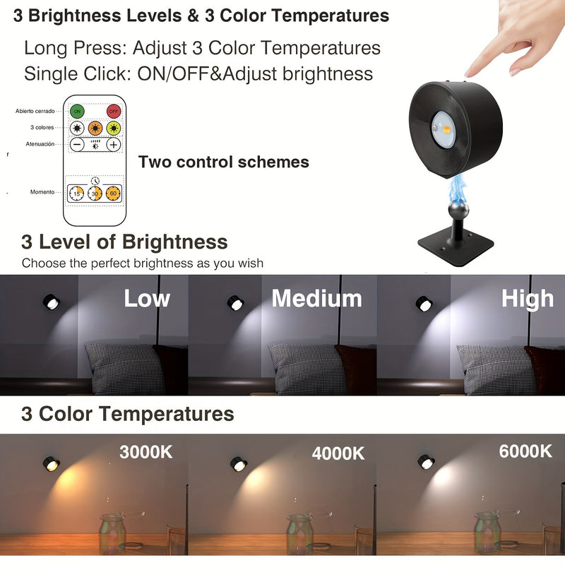 Lámparas de pared LED HBOWMDJIA, lámparas montadas en la pared con batería recargable, 3 niveles de brillo, carga extraíble, rotación de 360°, bola magnética, luz de pared inalámbrica para leer, estudiar, dormitorio, pasillo, luz LED.