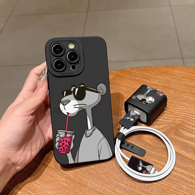 Juego de 5 piezas Funda para Teléfono con Diseño Creativo de Guepardo Gris y Rosa + Cubierta para Cargador + Protector de Cable + Correa de Almacenamiento, Carcasa Protectora Anticaída TPU Compatible con iPhone 6/7/8/X/Xs/XR/XS Max/11/12/13/14/15/Pro Max