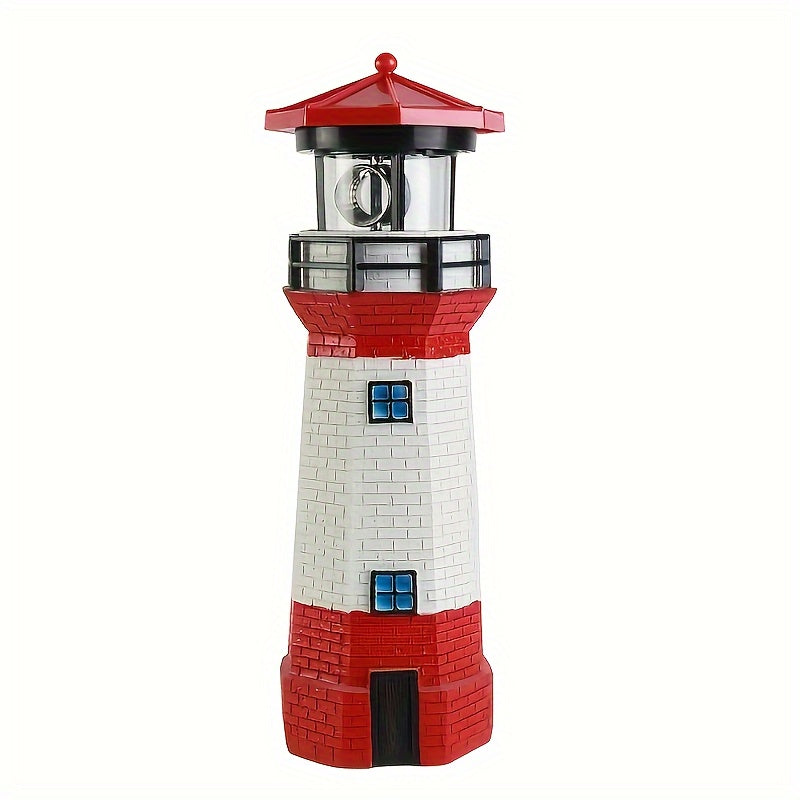 Estatua de faro LED con luz rotativa alimentada por energía solar - Diseño de rayas rojas y blancas resistente al tiempo para jardín, patio, patio y decoración de césped, adorno de césped | Característica de luz rotativa | Construcción duradera de resina