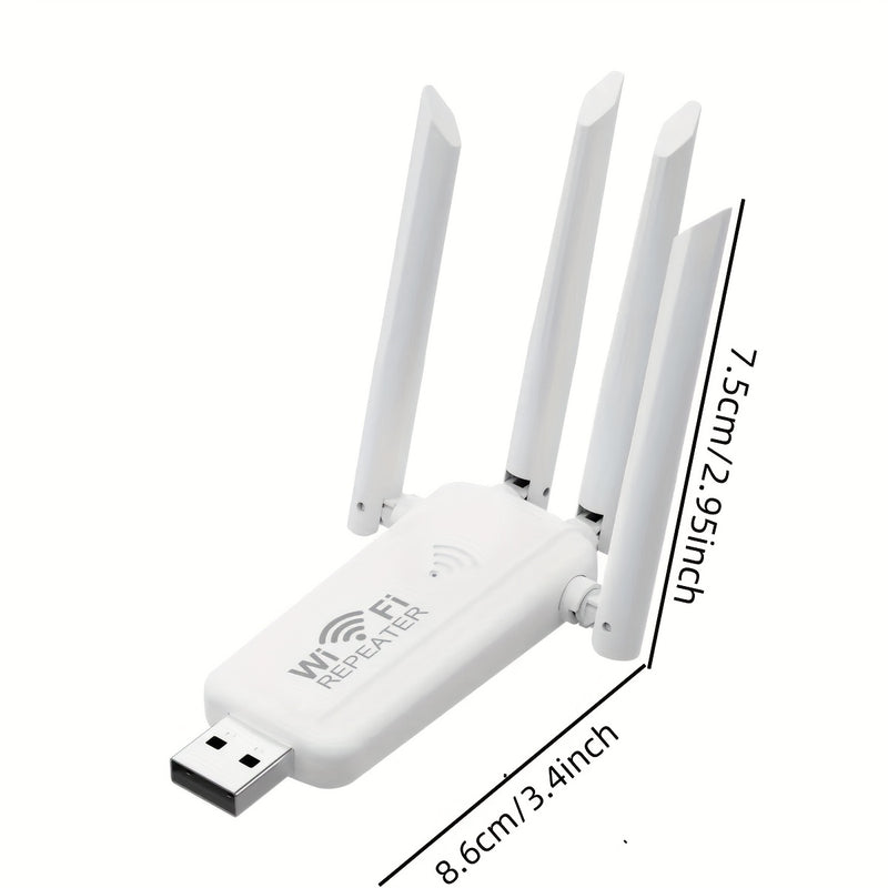 Un repetidor de cuatro esquinas con diseño negro y blanco, que opera a una frecuencia única de 300 Mbps, es ideal para una cobertura extensa. Este amplificador de señal de Wi-Fi es perfecto para oficinas con baja intensidad de datos, así como edificios r