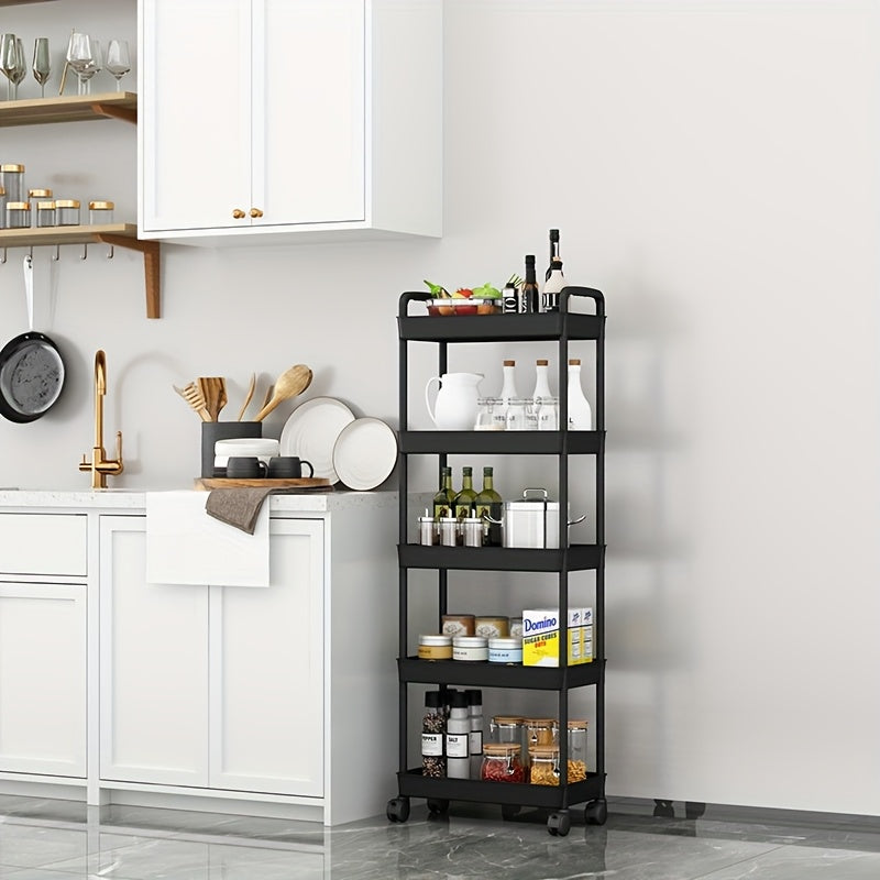 Un versátil carrito de almacenamiento de cinco niveles en blanco/negro, adecuado para organizar baños, refrigerios de cocina, almacenamiento de dormitorios y organización de juguetes, fácilmente movible y portátil.