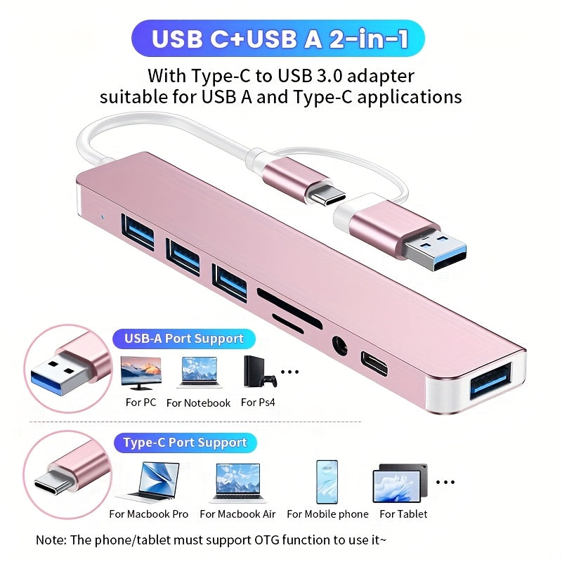 Puente USB multifuncional 8 en 1, puente USB para computadora, puente USB C, lector de tarjetas TF/SD, salida de audio de 3,5 mm, compatible con MacBook Pro/para for ipad Pro/HP Aluminio 4 puertos USB Transferencia de datos