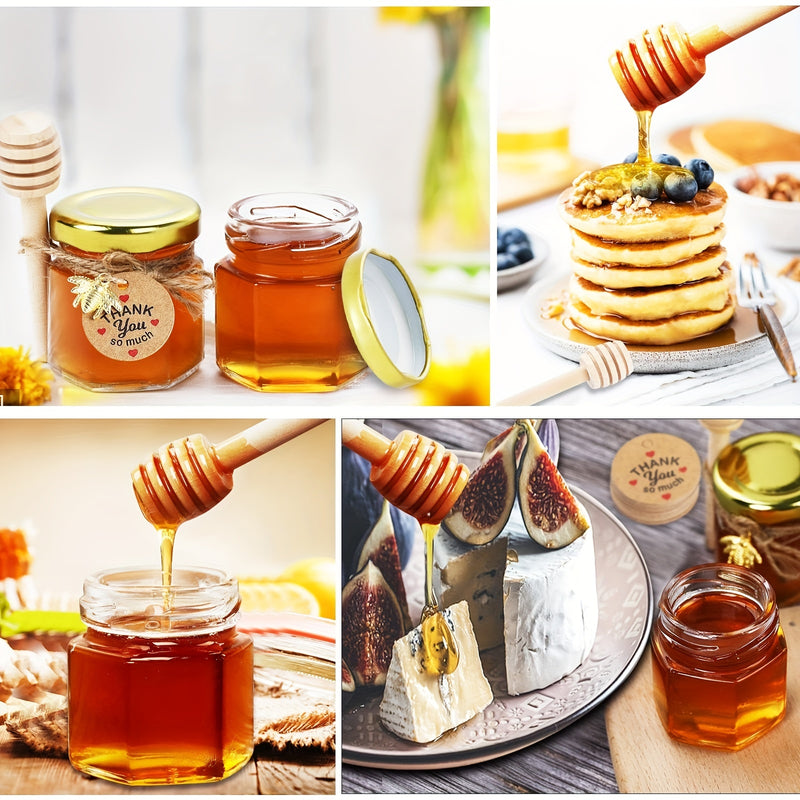 Tarros de Miel de Vidrio Hexagonal Miniatura de 1.5 Onzas, Disponibles en Conjuntos de 20, 30, 50 o 60, Incluyen una Cuchara, Símbolo de Abeja y Tarjeta de Agradecimiento - Tarros con Tapa Dorada, Perfectos para Regalos de Bebé, Bodas y Fiestas.