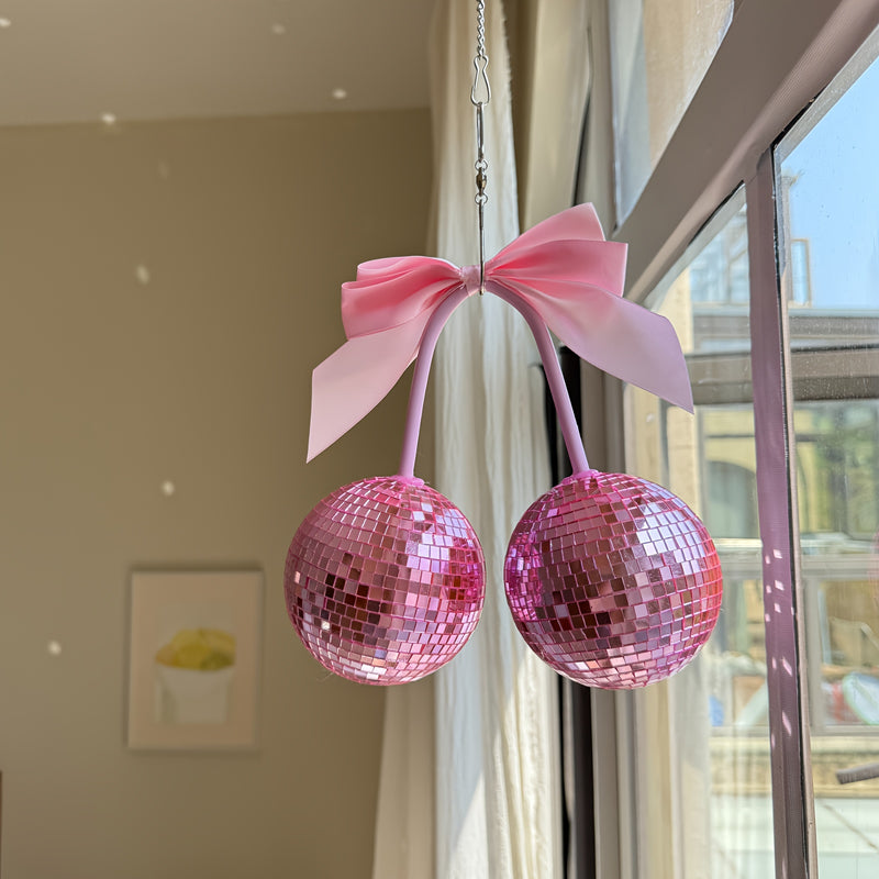 Esferas de discoteca con moños y cerezas, decoración para fiestas y hogar, regalos con moños para colgar en la pared, decoración llamativa en rosa, azul y rojo
