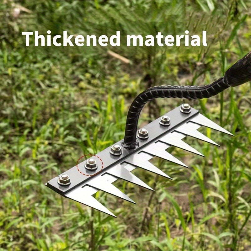 Herramienta de control de malezas de alta resistencia multifuncional - Rastrillo manual para descompactar el suelo con dientes de metal afilados, mango ergonómico para el cuidado de césped, jardinería, arado y ventilación - No requiere electricidad, herr