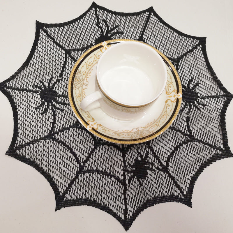 Cojines de red de araña para bebidas - 1 pieza, 2 piezas o 4 piezas, diseño de red de poliéster negro con acordes rojos, perfecto para decoraciones de fiestas de Halloween y uso doméstico, vajilla espeluznante | Decoración de patrón de red | Bebida durad
