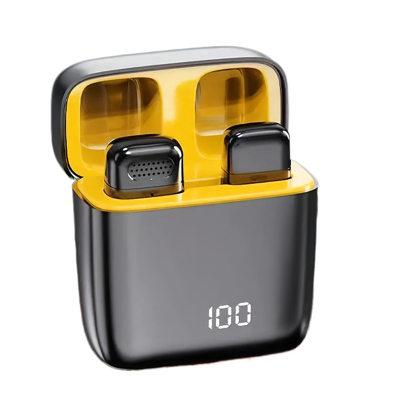 Micrófono de solapa inalámbrico para iPhone y Android, sistema de doble micrófono con clip, entradas Lightning y USB-C, y estuche con batería para grabación de videos en vivo