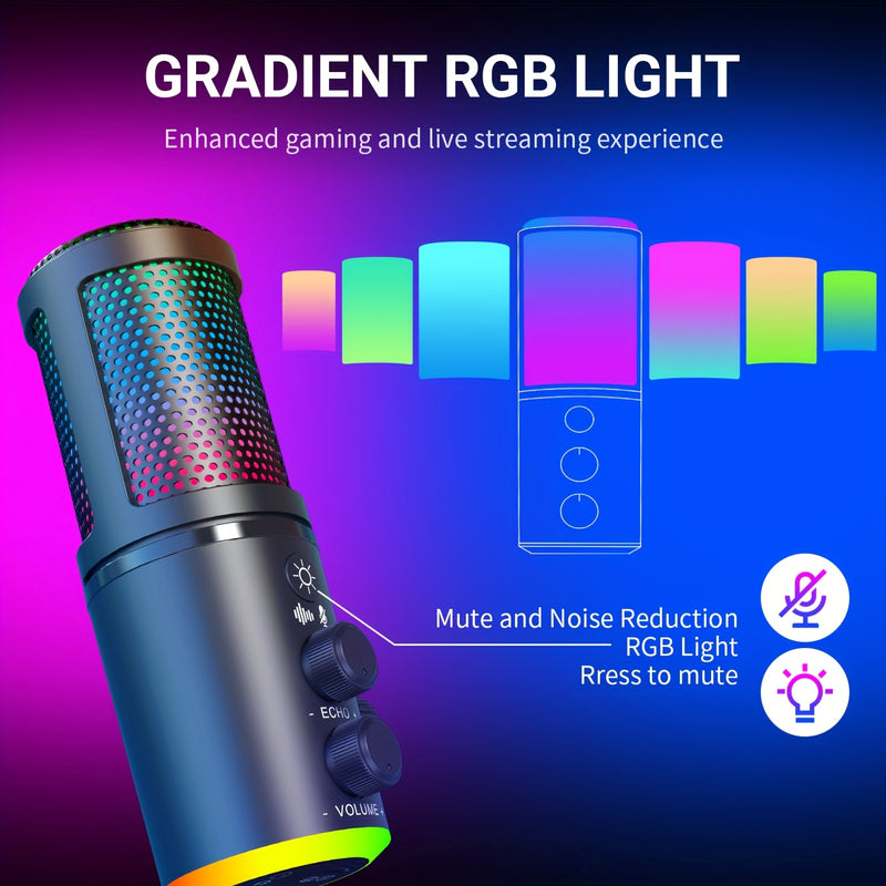 Micrófono de juego RGB RIKSOIN con soporte de boom sólido y flexible, micrófono condensador alimentado por USB para podcasting, transmisión en vivo, juegos - Incluye filtro de pop y botón de silencio, negro, equipo de transmisión en vivo, equipo de audio