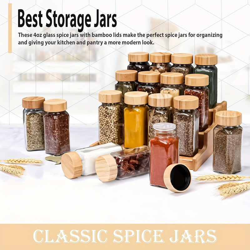 Juego de frascos de vidrio herméticos para especias, 6/12/24 piezas, con tapas dosificadoras, botellas de 4.3 oz con tapas de bambú y embudos de silicón, set novedoso para organizar la cocina