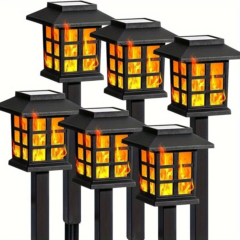Conjunto de 6 Luces Solares con Efecto Llama LED para Caminos - Iluminación Decorativa para Jardín y Césped Exterior, Efecto de Llama Amarilla Cálida, Soportes Metálicos Negros con Acentos de Cristal, Perfectas para Navidad, Patios y Paisajismo, Luz Ambi