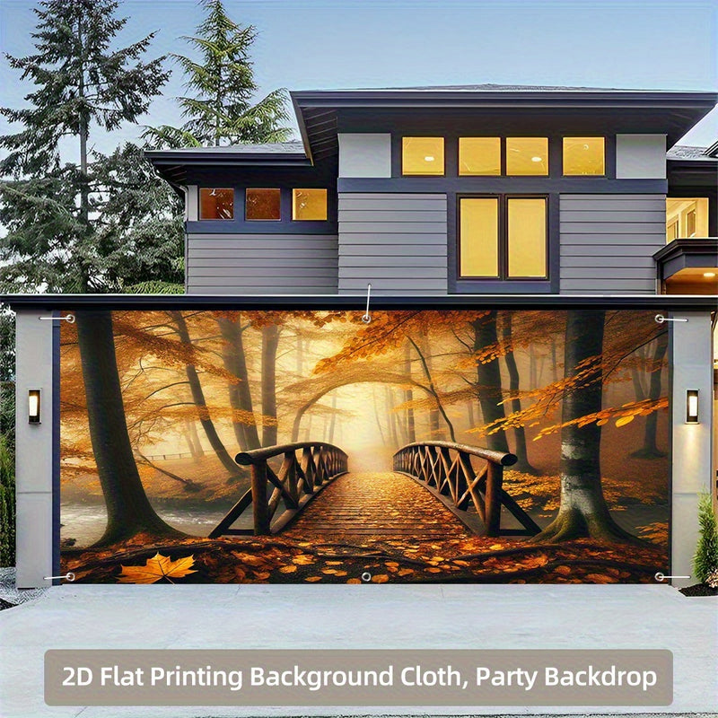 1pc Pancarta Extra Grande Puente del Bosque de Otoño - Decoración Dorada con Hojas, Fondo para Fiesta (398.78x180.34 cm) - Cubierta Lavable y Reutilizable para Garaje en Poliéster, Decoraciones para Cumpleaños/Gracias/Halloween - Banderín Colgante sin Ne