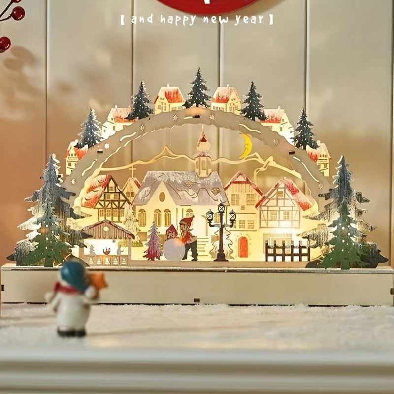 1pc Adornos De Luces LED De Navidad De Madera, Escena De Casa De Pueblo De Madera De Navidad Adorno De Bricolaje Iluminado Con LED, Mesa Rústica De Navidad Decoración De Navidad Centro De Mesa