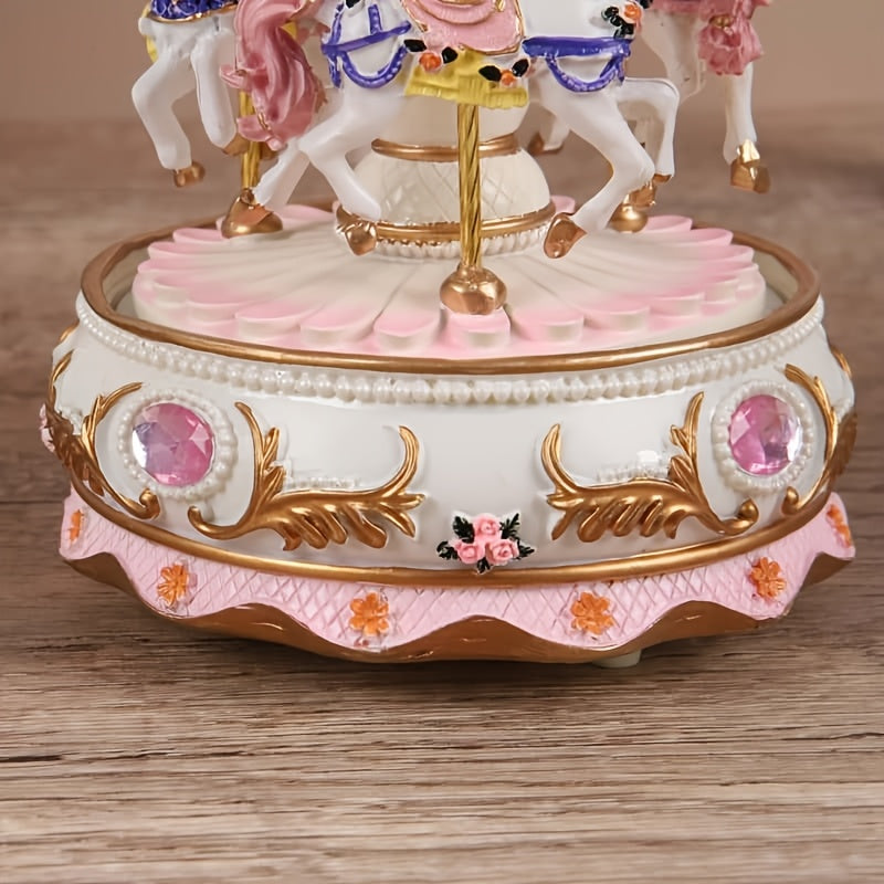 1 Pieza de Elegante Caja de Música Carrusel con Manivela - Decoración para el Hogar en Resina con Diseño Floral, Toques Rosados y Dorados y Detalles de Piedras Preciosas, Ideal para Sala u Oficina, Estética Decorativa