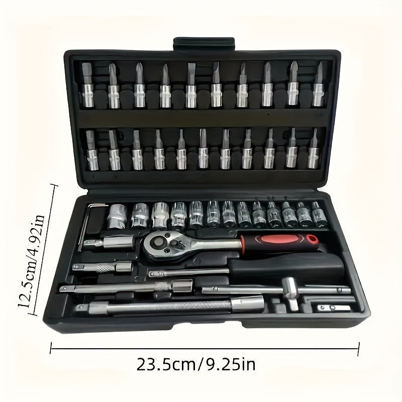 Juego de herramientas mecánicas para autos, 46 piezas, multifuncional con juegos de dados, llaves y trinquete, caja de herramientas resistente de metal con estuche de almacenamiento