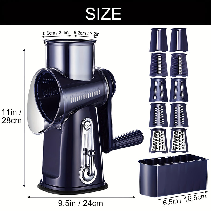 5 en 1, rallador de queso y cuchilla de verduras con mano de viento, cuchillas intercambiables de acero inoxidable, base de succión fuerte, fácil de limpiar, regalo ideal para la cocina, azul marino