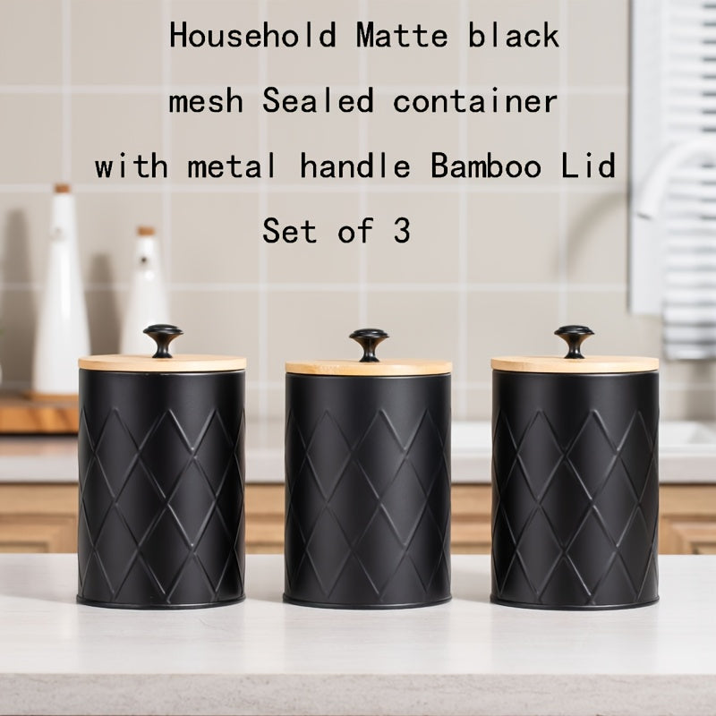 Conjunto de 3 piezas de tarro metálico negro sellado, Contenedor de almacenamiento de malla circular con tapa de bambú sellada para encimera de cocina, Adecuado para almacenar granos de café, té, dulces y cereales - Reutilizable