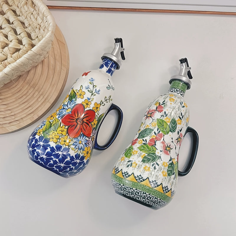 1pc Olla de cerámica para aceite, bomba de aceite de oliva de cerámica pintada a mano y asa, botella de aceite de cocina, elegante diseño floral, gran capacidad, accesorios de cocina, decoración de cocina para el hogar.