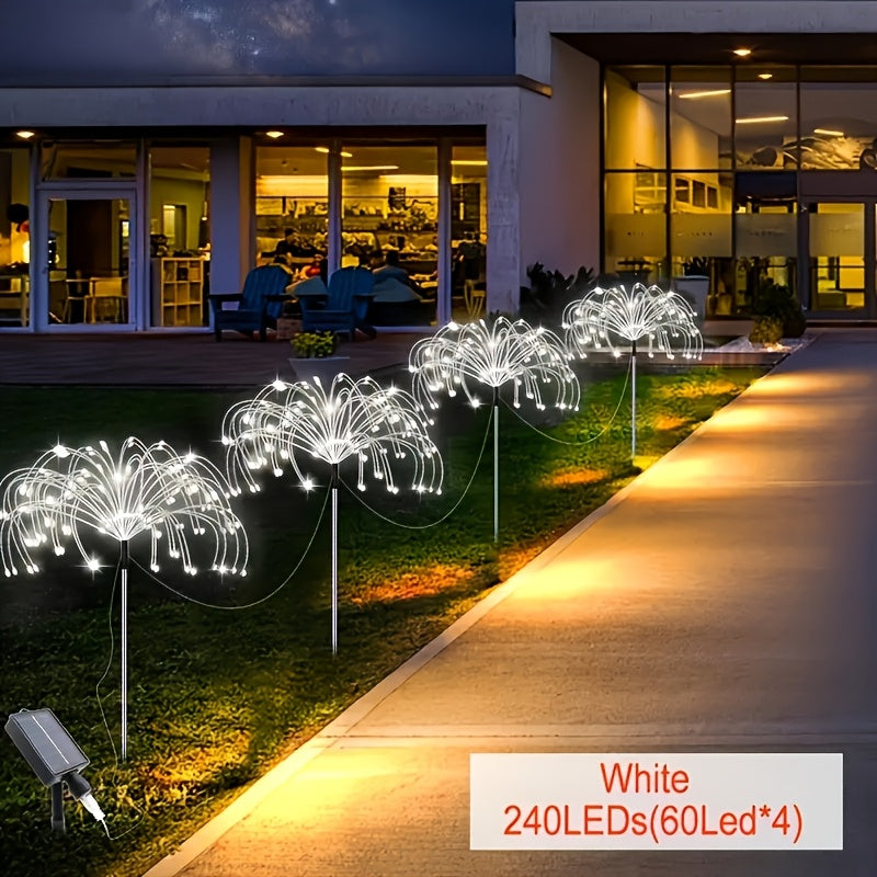 4 luces solares LED para jardín con efecto de fuegos artificiales, 8 modos, 240/320 LED, decoración festiva para patios, cafés, campamentos, Navidad y San Valentín, luces navideñas | Creador de ambiente festivo, luces solares para exteriores
