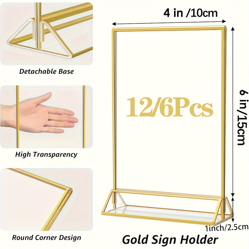 Juego de 6/12 soportes de señalización de acrílico dorado que miden 10,16 cm por 15,24 cm, ideales para números de mesa de bodas, con marcos dobles para mostrar fotos, y que sirven como soportes de menú transparentes o soportes de folletos para bodas, ho