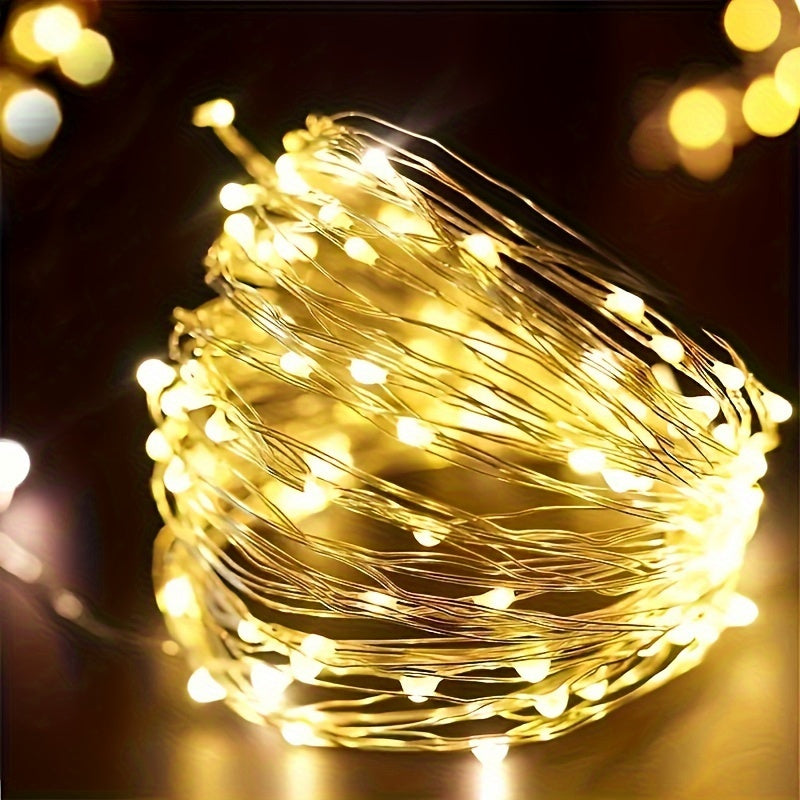 1pc Luces de cuerda LED para fiestas de cumpleaños, cable de cobre de hadas, ajuste de 3 niveles de brillo, operado por batería de botón no recargable incluida, control de interruptor, luz amarilla, sin control remoto