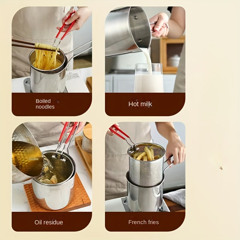 DYFDYF 1.2L Mini Freidora Profunda de Acero Inoxidable con Recubrimiento Antideslizante y Malla de Filtro - Compatible con Estufas de Gas, Diseño Ahorrador de Aceite para Freír Huevos, Pollo, Verduras - Electrodoméstico Compacto para Cocina, Freidora Pro