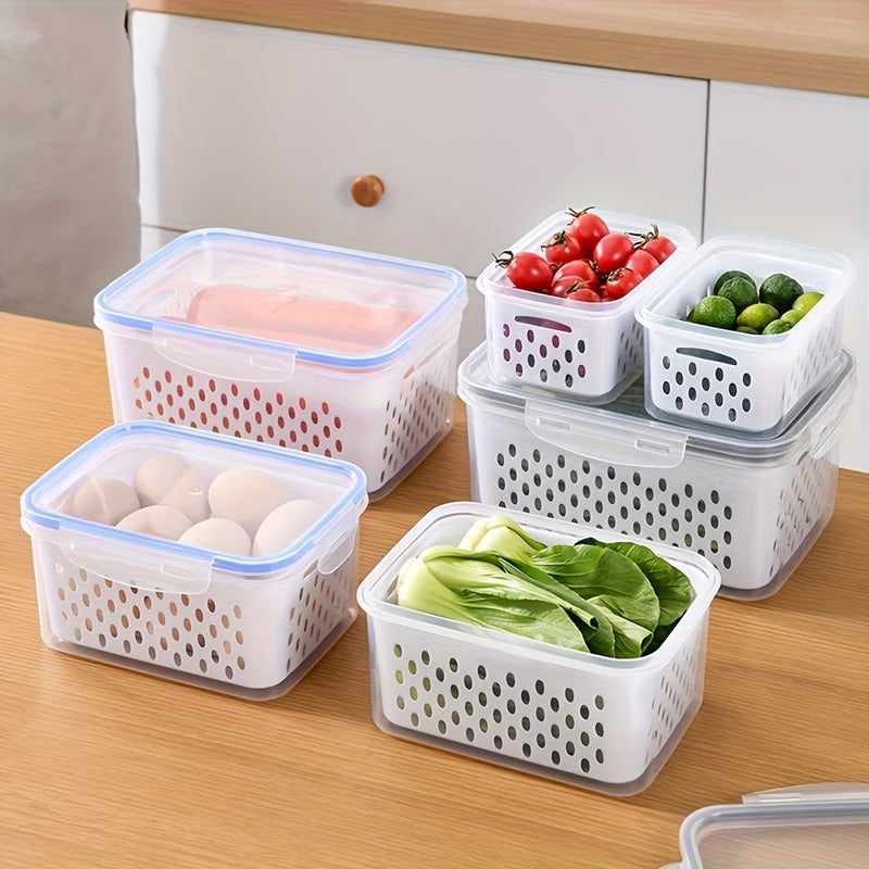 Juego de 9 contenedores de almacenamiento de alimentos de plástico sin BPA con cestas de drenaje y tapas - A prueba de fugas, aptos para congelador, organizadores de cocina multiusos reutilizables para frutas, verduras y alimentos.