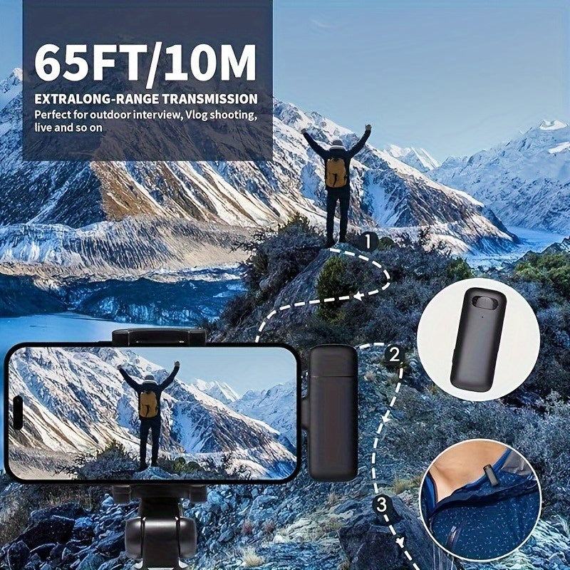 Micrófono de solapa inalámbrico para iPhone y Android, sistema de doble micrófono con clip, entradas Lightning y USB-C, y estuche con batería para grabación de videos en vivo