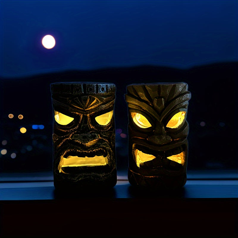 XXOASIS Luz de Estatua Tiki con Energía Solar - Diseño de Tótem Hawaiano con Ojos Luminosos, Decoración de Jardín en Resina Roja y Negra para Césped, Patio, Porche, Estanque y Ocasiones Festivas, Regalo de Iluminación Exterior Recargable, Decoraciones pa