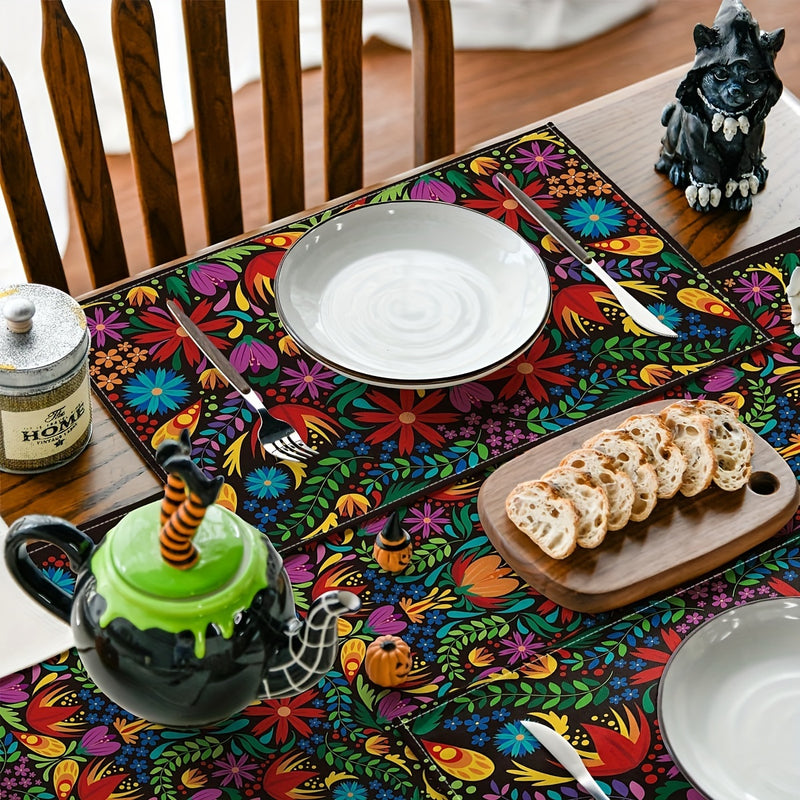 Conjunto de 4 manteles individuales de poliéster - 12x18 tapetes rectangulares tejidos para mesa de comedor, lavado a mano, decoración floral para fiestas mexicanas Cinco de Mayo y Día de Muertos