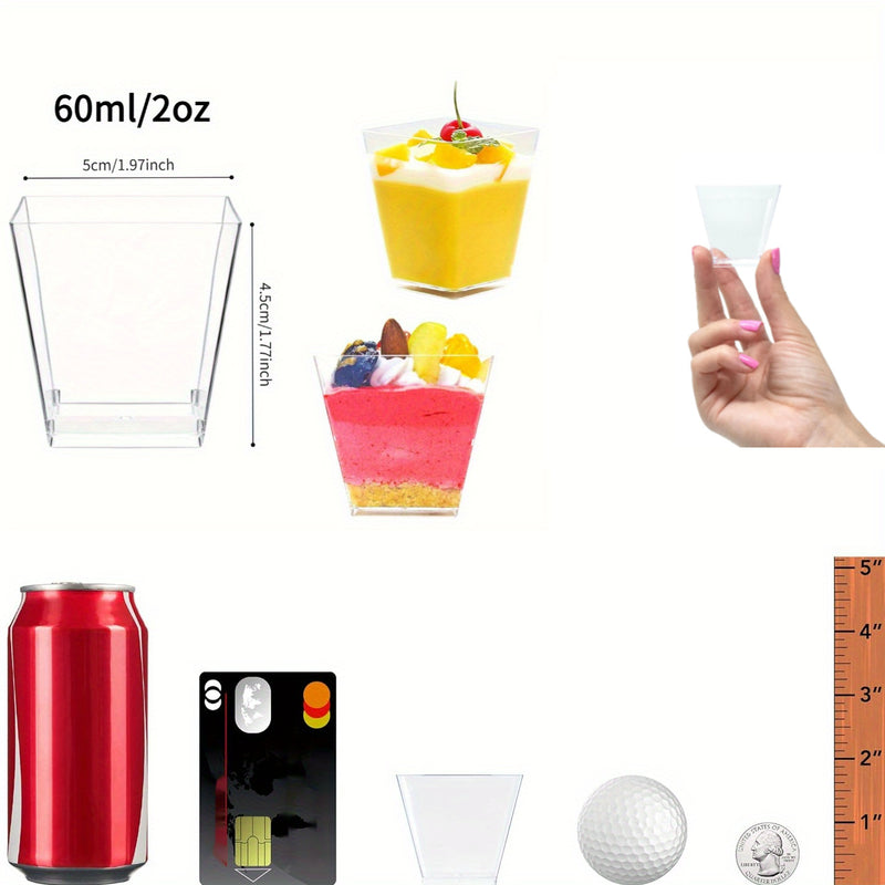 50/75/100 vasos cuadrados mini de plástico transparente, 60ml/2oz, reutilizables para postres, gelatina, helado y fiestas, material PS resistente, diseño apilable para fácil almacenamiento, suministros para servicio de alimentos | Vasos apilables | Vasos