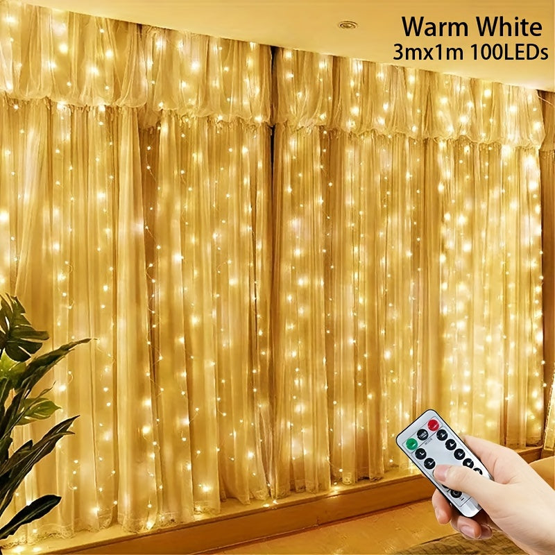 1 pieza de Cortina de Luces de Hada Encantadora -300/200/100LED, Alimentación por USB, Control Remoto - Ideal para Navidad, Fiesta, Día de San Valentín, Hogar, Boda y Decoración Estacional