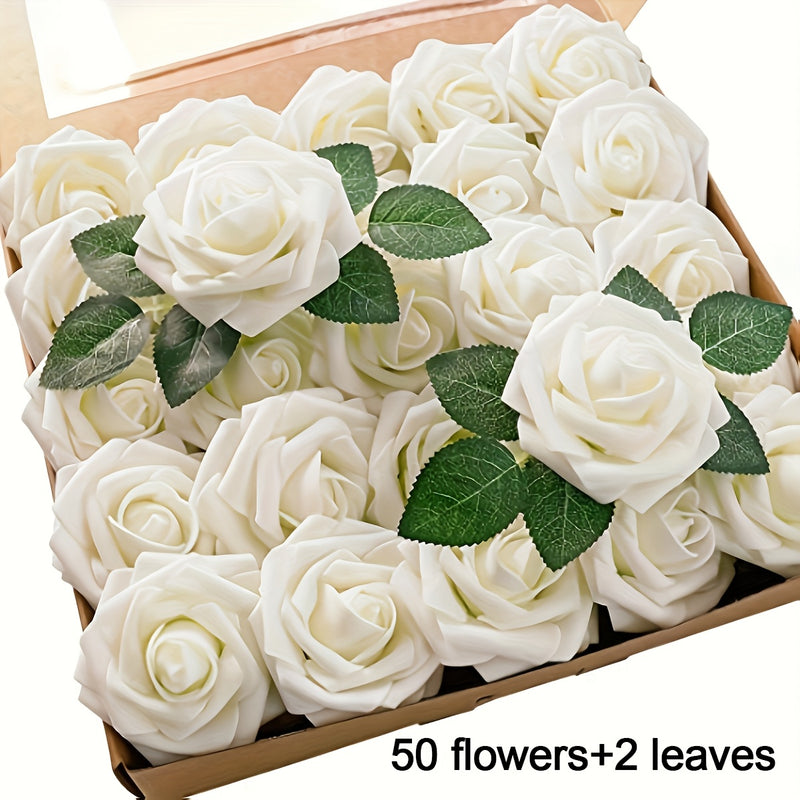 52 piezas de flores artificiales, 50 flores, 2 hojas, rosas falsas de espuma realistas para bodas DIY, ramo de novia blanco, regalo de decoración central, decoraciones de mesa para fiestas.