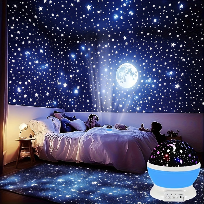 Un proyector que muestra un cielo estrellado, con luna y estrellas, funciona mediante USB, tiene una lámpara que gira 360°, ofrece varias opciones de color y es perfecto como regalo para adolescentes y adultos en diferentes celebraciones, ideal para deco