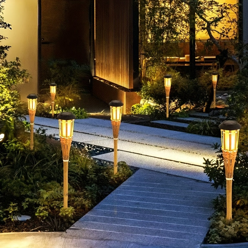 Lámpara solar de bambú con 12 luces LED en forma de llama real, ideal para caminos, jardines y parques, luz solar para exteriores, diseño de llama, batería recargable con energía solar