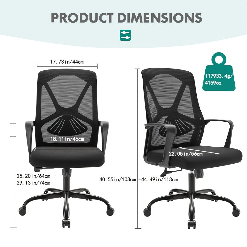 Silla de oficina ergonómica negra, silla de escritorio de computadora para el hogar cómoda con soporte de arco, reclinable manual, giratoria, rellena de esponja, tapizada, construcción de madera dura y tablero de partículas, no requiere electricidad