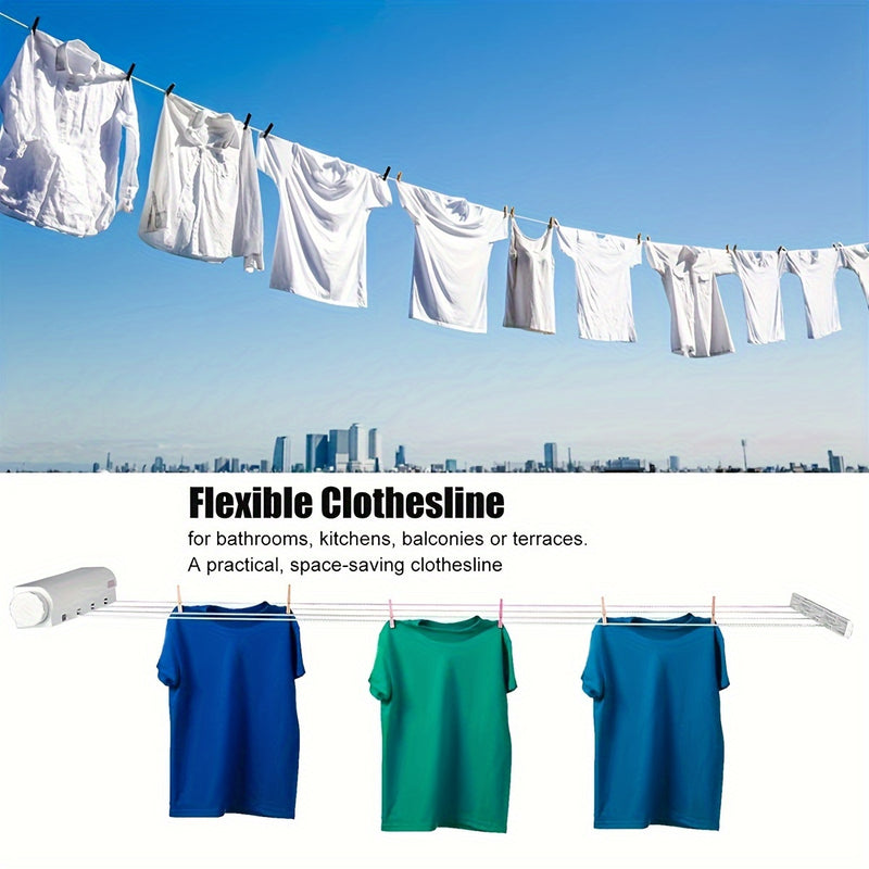 Cuerda retráctil para tender ropa de 3.75 metros, 5 líneas, invisible de plástico, para interior y exterior, con cepillo para lavandería, ideal para baño, dormitorio, balcón, sala o casa rentada, para secar ropa, pantalones, toallas y prendas encogibles,