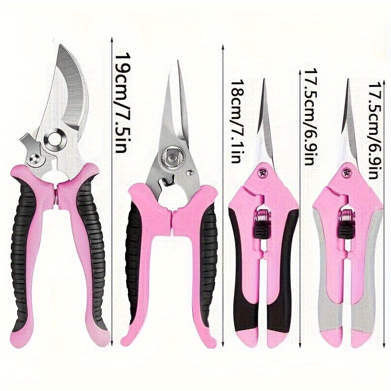 Juego de 4 Tijeras de Poda Profesionales Rosas - Tijeras de Jardinería de Acero Inoxidable para Flores/Ramas, Kit Multiusos Manual