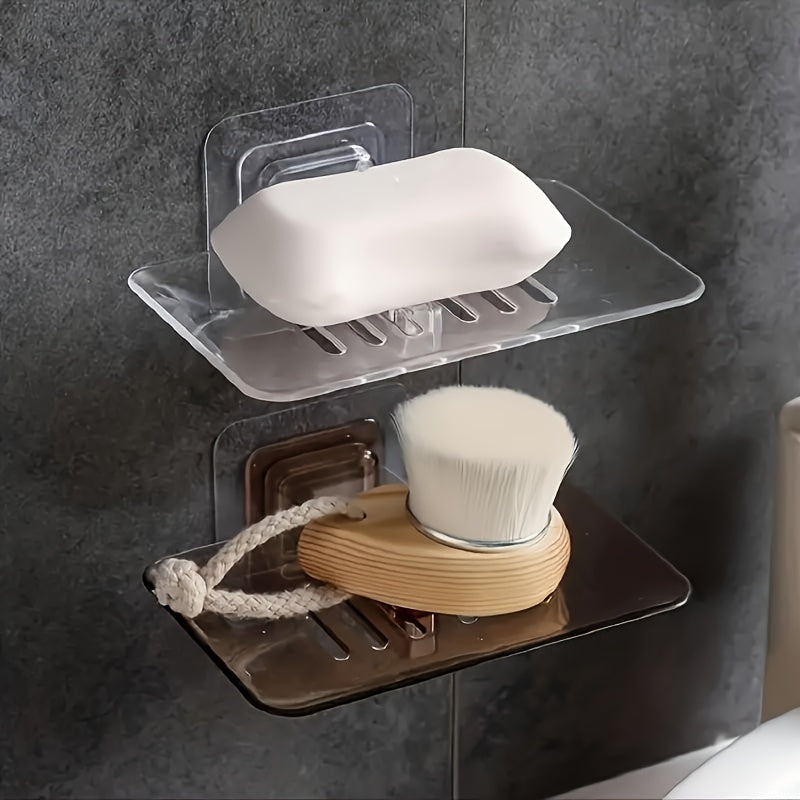 1 unidad de Soporte de jabón rectangular de cristal transparente - de plástico, montado en la pared, instalación sin costuras, sin taladro, diseño de drenaje para la organización del baño