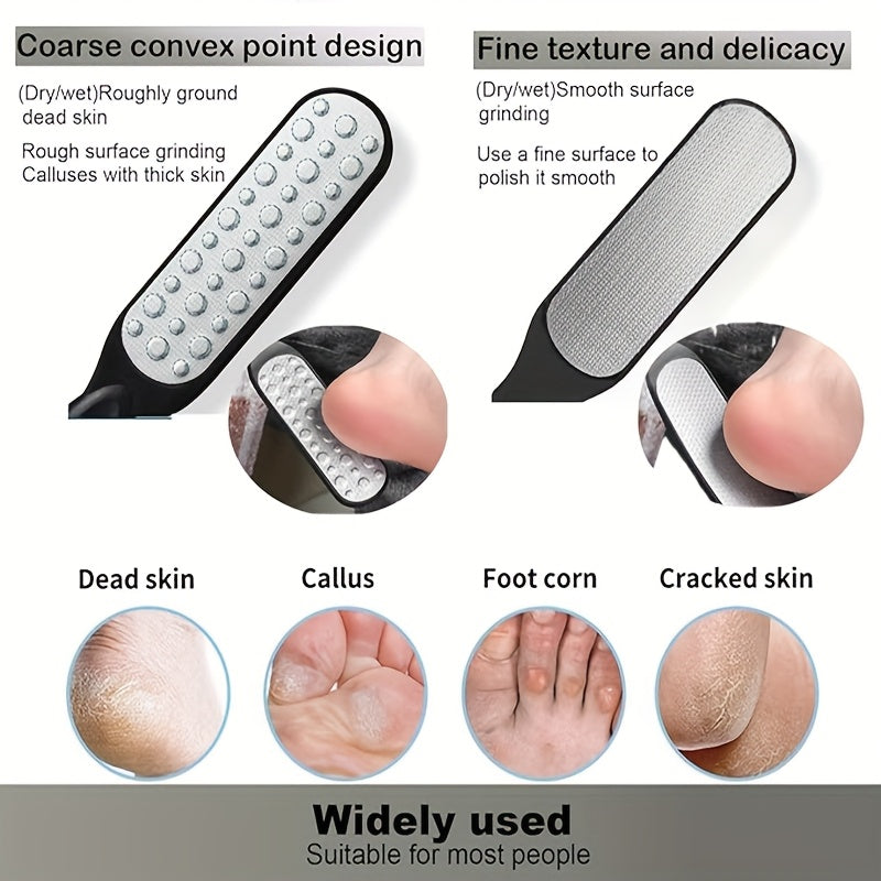 TATUKIKO Lijadora de pies de acero inoxidable de doble cara - Mango de plástico antideslizante portátil para luz muerta beige y eliminación, uso doméstico, herramienta de cuidado de pies, diseño ergonómico, construcción duradera