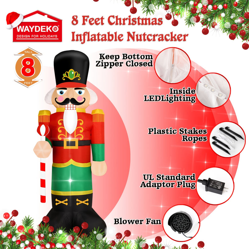Soldado Cascanueces Gigante Iluminable de 243.84 cm - Decoración Navideña para Jardín y Césped con Ventilador Integrado y Cuerdas de Anclaje, Diseño Rojo y Verde en Forma de Cascanueces para Exteriores, Adorno Inflable de Navidad