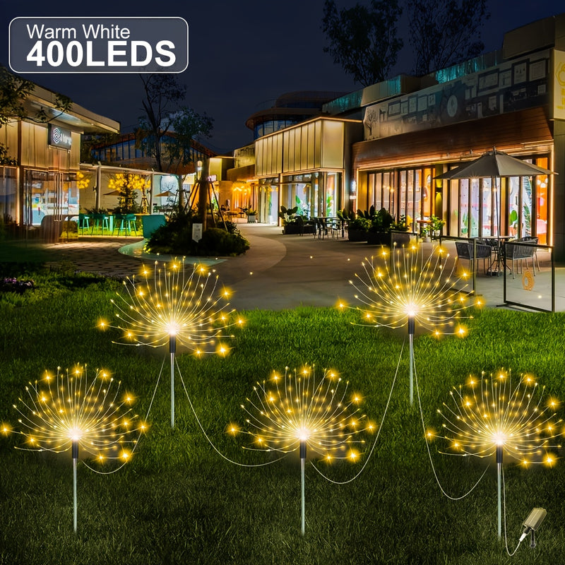 5 luces solares de fuegos artificiales para decoración exterior - 8 modos de iluminación, luces LED para San Valentín, Ramadán, Navidad, Halloween, bodas y fiestas en el jardín, perfectas para ambiente festivo, luces solares colgantes
