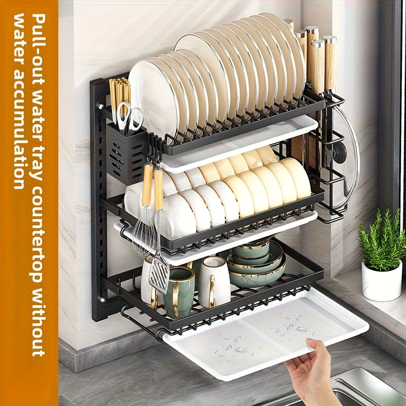 1 pieza, soporte de almacenamiento de cocina de pared de metal de alta resistencia sin perforación con jaula para palillos, soporte de tablero de cuchillos y ganchos - Ideal para almacenar cubiertos, condimentos, tazas y más, organizadores y almacenamien